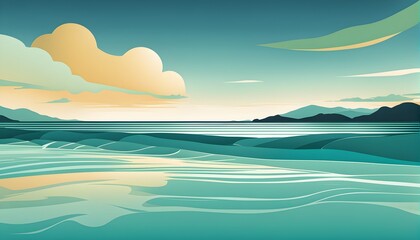 minimalist seascape with a smooth, horizontal line dividing the sky and water, using simple geometric waves and soft, desaturated blues and green