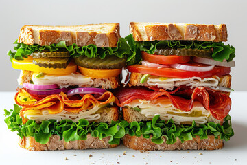 Wall Mural - Sandwich traditional bread tomato cheese and ham fried on white background isolate.