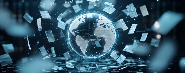 Poster - Abstract image of a digital globe surrounded by policy documents, concept of global economic governance