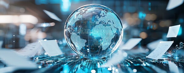 Poster - abstract image of a digital globe surrounded by policy documents, concept of global economic governa