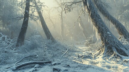 Wall Mural - sunbeams illuminate a snowy forest path, with icicles hanging from trees.