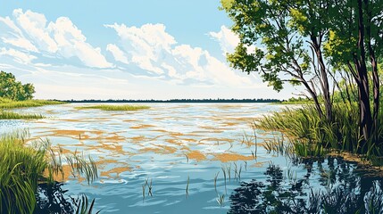 Wall Mural - tranquil lake with a tree on the edge, blue sky with white clouds, and tall grass.