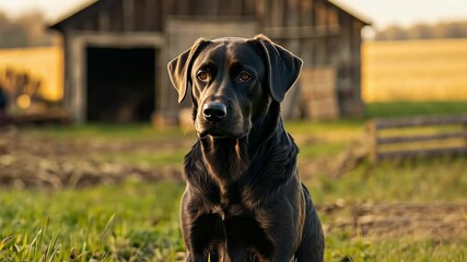 Poster - A black dog is sitting in a field next to a barn