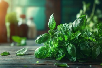 Fresh basil leaves on a wooden table showcase their rich green color and natural texture. This image conveys a sense of freshness and culinary delight. Generative AI