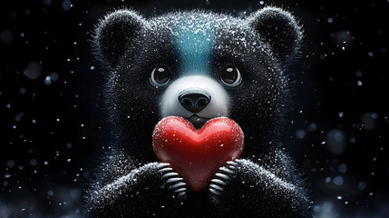 Poster - A black and blue bear holds a red heart in its paws on a black background with snowflakes