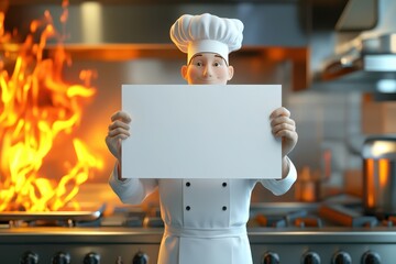 A chef is holding a blank sign in front of a kitchen with flames