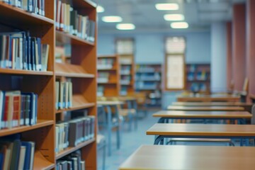 Rows of books fill the shelves in a well-lit library, while empty tables await students eager to study or read during daytime hours.