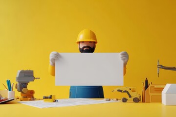 A man is holding a white board in front of a construction site