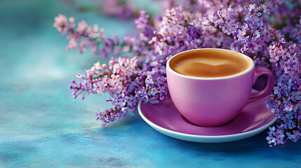 Poster - A cup of coffee sits atop a saucer beside a cluster of purple blossoms on a azure background