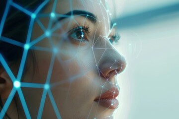 Poster - A woman gazes thoughtfully while facial recognition technology is visually represented on her face, symbolizing an innovative approach to security and AI.