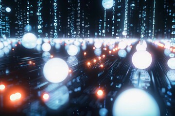 Poster - A vibrant display of glowing orbs scattered across a digital landscape, intertwined with flowing binary code, creating a sense of technological depth and motion.