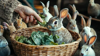 Poster - A person is feeding a rabbit some greens