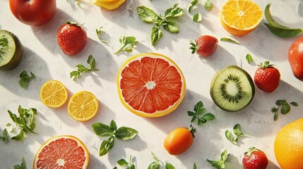 Poster - A vibrant assortment of fresh fruits and herbs arranged artistically on a light surface.