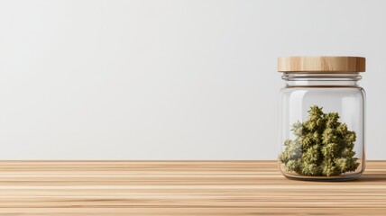 Wall Mural - Cannabis buds neatly stored in a glass jar, with ample space in the background for dispensary or product information. 