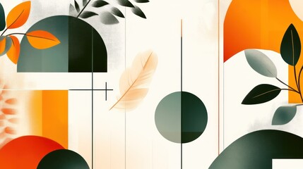 Poster - Abstract design featuring geometric shapes and botanical elements in warm colors.