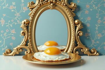 Surreal hyperrealistic painting of a fried egg on a golden plate, centered within an ornate mirror, blue wallpaper background, art deco style with golden frame and pastel tones, intricate details and 