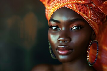 A young woman poses elegantly, her vibrant headwrap and striking earrings highlighting her natural beauty. The warm tones create an artistic atmosphere that celebrates cultural heritage.