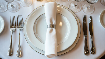 place setting with a plate of cutlery, table setting with a napkin, luxury table setting