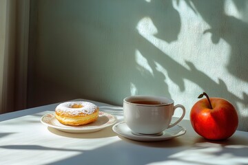 Colazione, con brioche su piatto bianco, tazza di thÃ©, ed una mela - generative ai