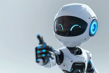 Poster - This futuristic robot displays a cheerful demeanor with its raised hand and glowing blue accents, set against a clean, minimalistic backdrop emphasizing its design.