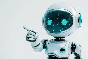 Poster - A small, humanoid robot with a sleek design and glowing blue features gestures as if sharing information in a modern, bright setting.