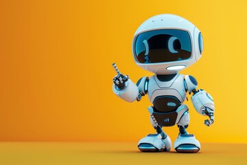 Poster - A small, stylized robot with a friendly design stands against a bright orange backdrop. It raises one finger as if explaining something in a fun, engaging manner.
