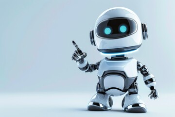 Poster - A toy-like robot with bright blue eyes stands confidently, pointing its finger upwards. The setting is a simple, light-colored space highlighting its design.