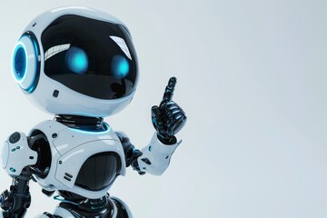Poster - A robot with a sleek, white exterior and bright blue eyes raises its finger in a gesture, conveying a sense of interaction in a modern, minimalistic setting.
