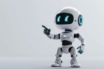 Poster - The playful robot stands confidently, gesturing with one hand, showcasing a design that blends technology and charm in a sleek, clean environment.
