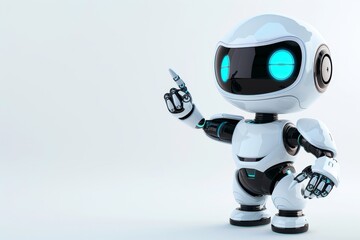 Poster - The robot character stands confidently, pointing with one finger while displaying bright blue eyes, showcasing a friendly and engaging demeanor.
