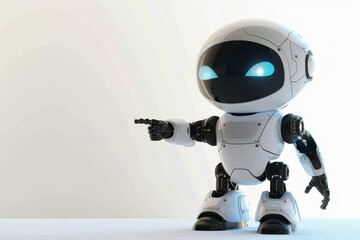 Poster - The cute, small humanoid robot stands confidently with blue glowing eyes, directing attention to the right in a minimalist environment that highlights its innovative design.
