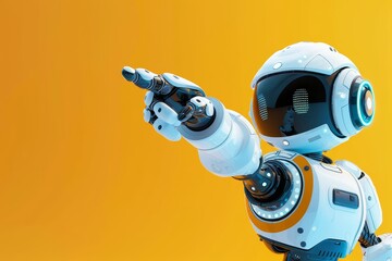 Poster - The friendly robot points with an outstretched arm, displaying its sleek design and glowing features against a bright orange background, emphasizing innovation and technology.