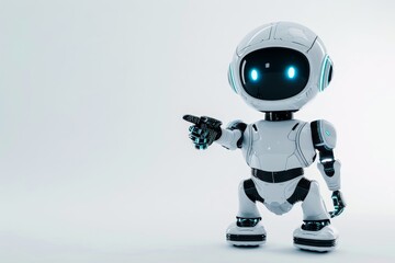 Poster - The small white robot stands confidently, pointing with its glowing blue eyes in a clean, minimalist studio setting featuring a bright background.