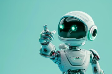 Poster - A friendly robot with glowing eyes and a sleek design is making a thumbs-up gesture, showcasing its playful personality against a vibrant turquoise backdrop.