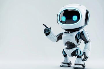 Poster - A small, advanced robot with a friendly demeanor stands upright, pointing with its right hand. Its glowing blue eyes and sleek white exterior create a captivating look.