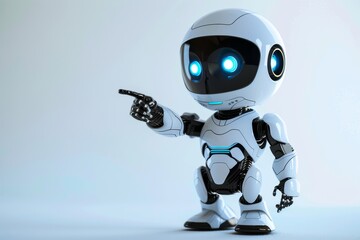 Poster - The small robot, featuring a sleek white body and glowing blue eyes, enthusiastically points as if interacting with its environment, highlighting modern technological advancements.