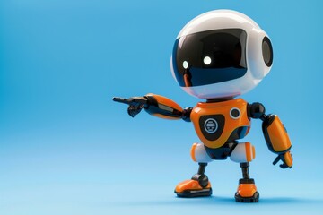 Poster - This small, colorful robot with a rounded head points with its right arm, captivatingly showcasing its friendly design against a vivid blue backdrop, sparking curiosity.