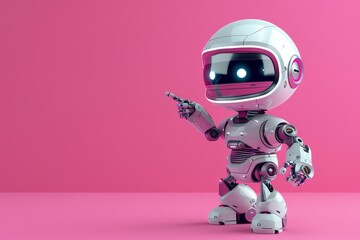 A small, humanoid robot with a shiny white exterior and glowing blue eyes points enthusiastically toward an unseen object, set against a vibrant pink wall.