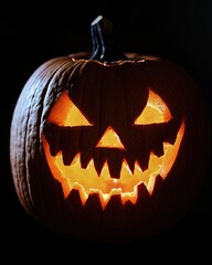 Wall Mural - Close up portrait of glowing Halloween Jack o Lantern Pumpkin with spooky smile and open mouth in dark setting