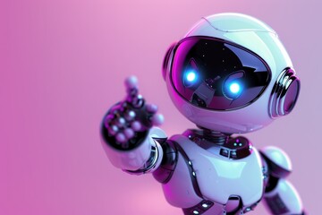 Poster - This robot features illuminated eyes and a sleek design, extending its finger as if to interact, set against a vivid purple backdrop that emphasizes its futuristic aesthetic.