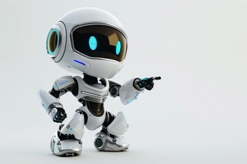 Poster - This compact robot showcases a modern design with bright blue lights and intricate details, appearing to communicate or direct attention in a futuristic setting.