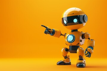 Poster - A charming android robot with a round head and bright eyes points playfully at something in front of it, set against an eye-catching orange backdrop.