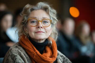 Woman wearing glasses and an orange scarf. She is smiling. There are other people in the background. senior woman attending a college class