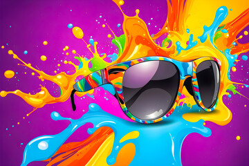 illustration of sunglasses and liquid splashing on the abstract background. 