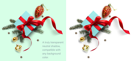 Wall Mural - christmas composition on a transparent background with a gift box, with red ribbon, fir branches, ch