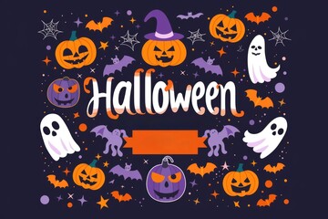 Colorful halloween celebration with pumpkins, ghosts, and bats for festive design. AI