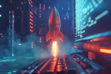 Poster - A sleek rocket ascends amidst glowing lights and digital screens, symbolizing innovation and exploration in a cutting-edge technological landscape.