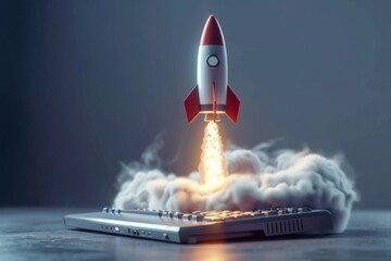 Aufkleber - A rocket takes off from a computer keyboard, generating clouds of smoke and highlighting the connection between technology, creativity, and progress in the digital age.