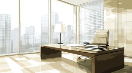 Poster - A modern office space featuring a desk, chair, lamp, and city skyline view.