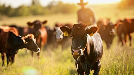 Poster - A cow is walking in a field with other cows